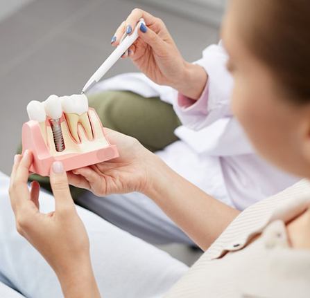 Dentist showing a patient a model of a dental implant